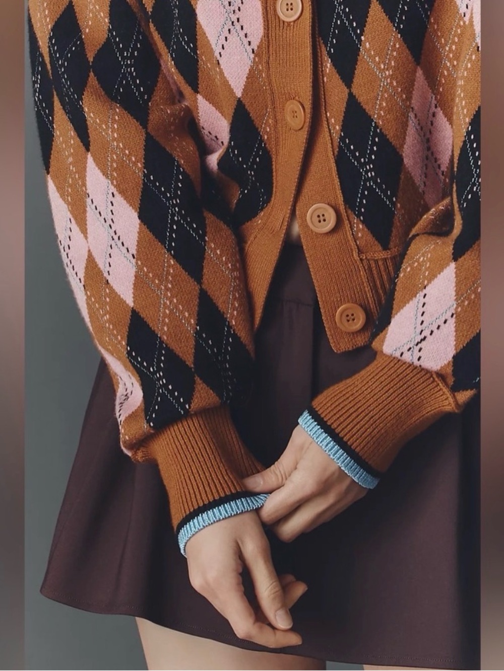 Maeve by Anthropologie The Sutton Compact Cardigan Sweater Camel Argyle LARGE - Picture 4 of 10